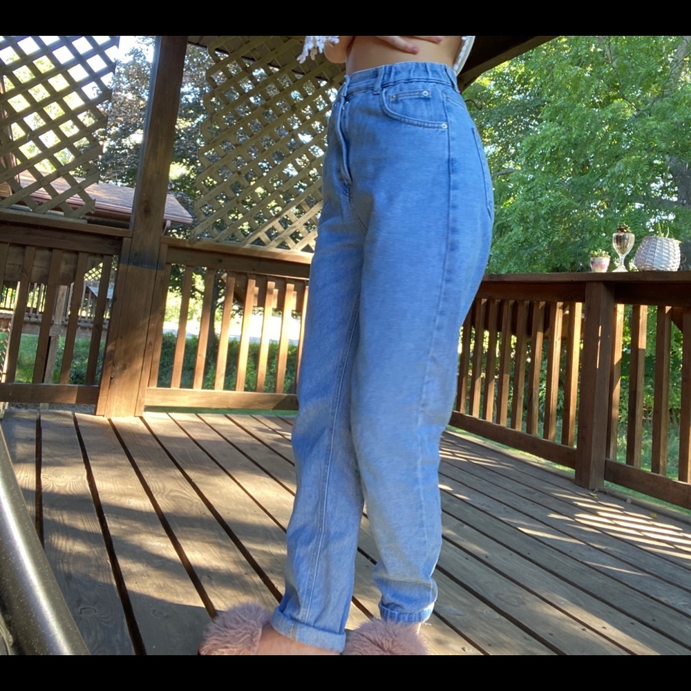 denim Pull&Bear jeans, high-waisted, cinched waistband, size 24 and 28” long